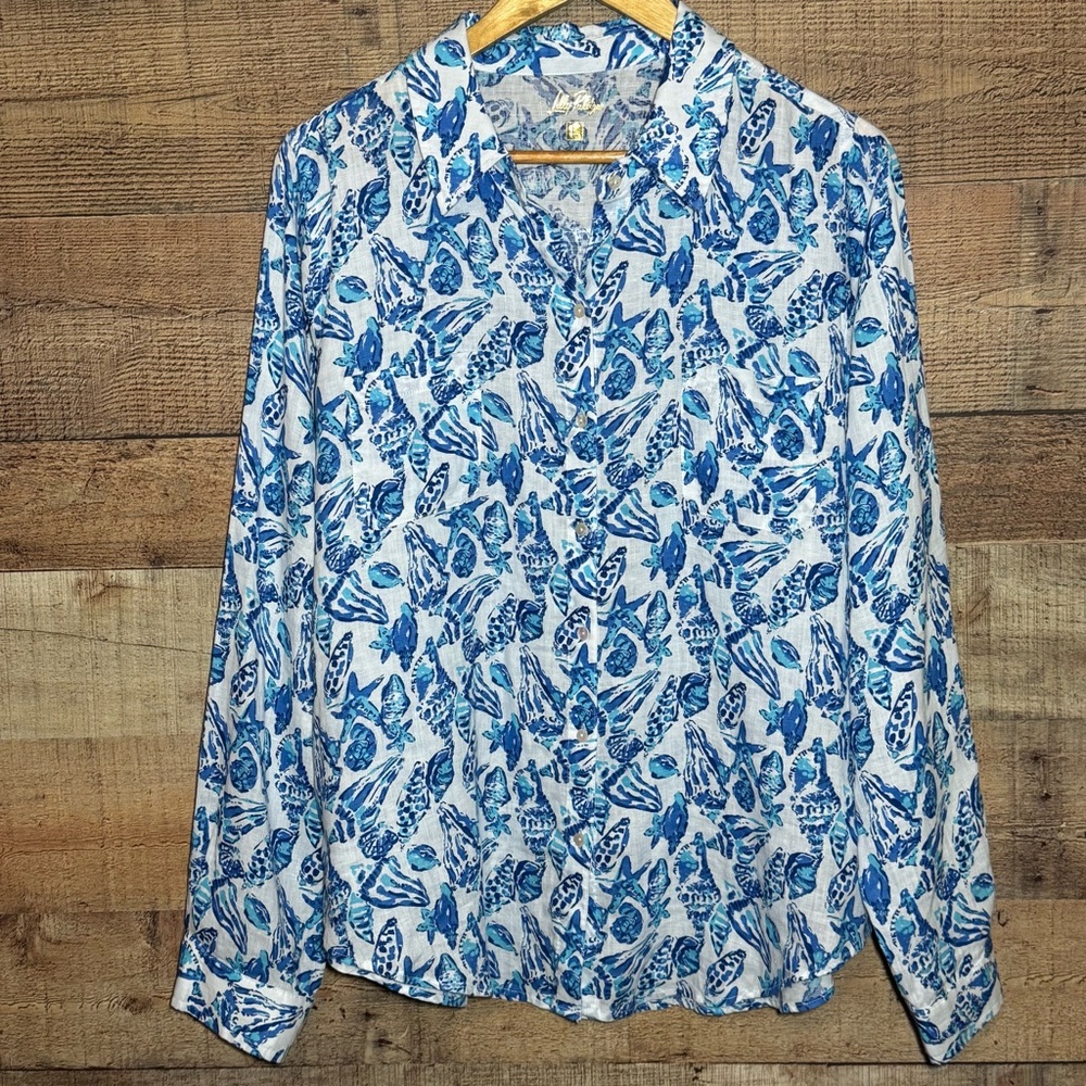 Lilly Pulitzer Women's Sea View Linen Button Down Top Shell Collector sz. Large - Picture 2 of 11